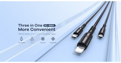 Remax RC-186th Braided USB to Lightning / Type-C / micro USB Cable 3.1A Μαύρο 1.2m