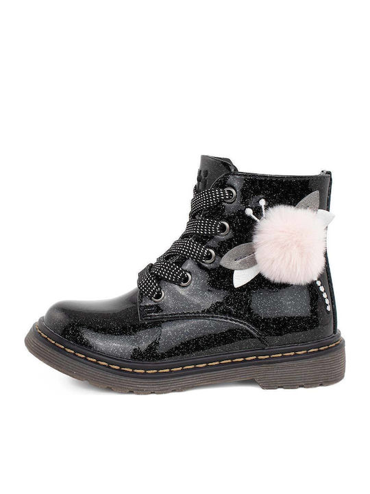 Kinderstiefel aus Lackleder mit Schnürsenkeln Schwarz