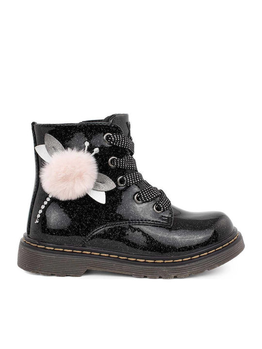 Kinderstiefel aus Lackleder mit Schnürsenkeln Schwarz