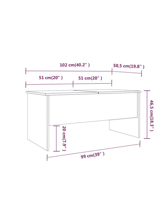 vidaXL Rechteckiges Zentral Kaffeetisch Aus Holz Mit Hebemechanismus Weiß M102xP50.5xH46.5cm