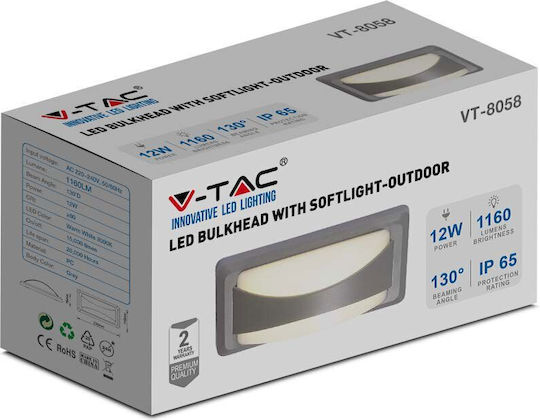 V-TAC Wall-Mounted Outdoor Ceiling Light LED IP65 12W with Warm White Light 23x11x7.6εκ.