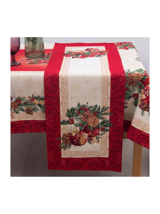 Sette Colori 8941 Christmas Tablecloth Runner Fabric Ecru-Red L140xW45cm 1pcs