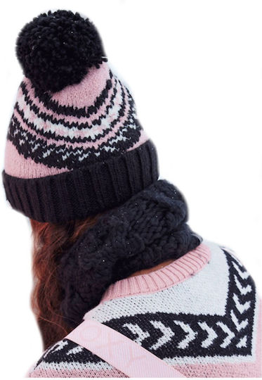 Hateya Pom Pom Beanie Γυναικείος Σκούφος Πλεκτός Μαύρο/Ροζ