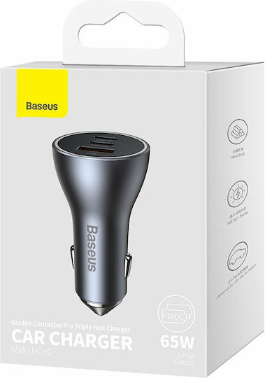 Baseus Golden Contactor Pro Car Charger 65W with Ports: 1xUSB 2xType-C Gray Color
