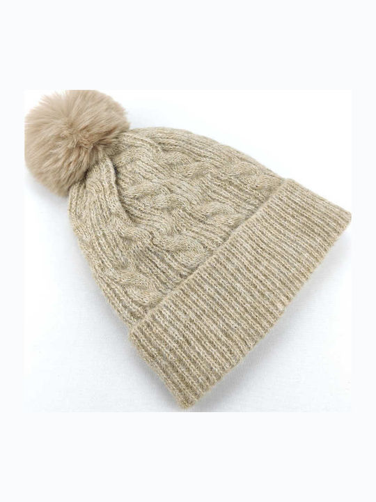 Pom Pom Beanie Frauen Beanie mit Strickmuster in Beige Farbe