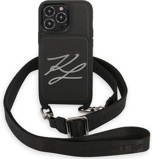 Karl Lagerfeld Crossbody Autograph Saffiano Umschlag Rückseite Kunststoff mit Band Schwarz (iPhone 13 Pro) KLHCP13LSAKLCK