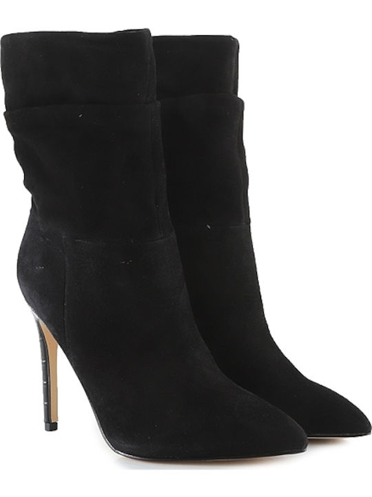 Jenn 01 Suede Γυναικεία Μποτάκια με Ψηλό Τακούνι Μαύρα