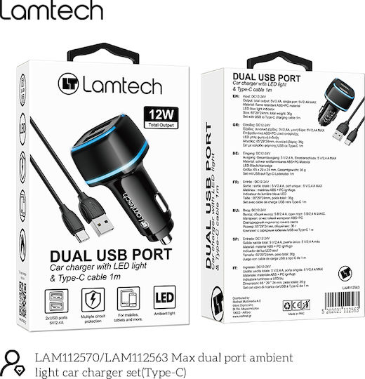 Lamtech Φορτιστής Αυτοκινήτου 2.4A Γρήγορης Φόρτισης με Θύρες: 2xUSB 1xType-C μαζί με Καλώδιο Type-C Μαύρο Χρώμα