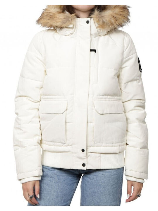 Everest Kurz Damen Puffer Jacke mit pelziger Kapuze für Winter Off White