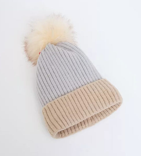CP-02 Pom Pom Beanie Frauen Beanie mit Rippstrick Light Blue/ Beige CP02