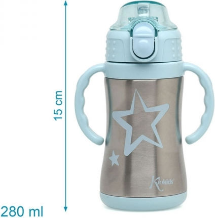 Kiokids Stars Kids Water Bottle Thermos Plastic with Straw Light Blue 280ml