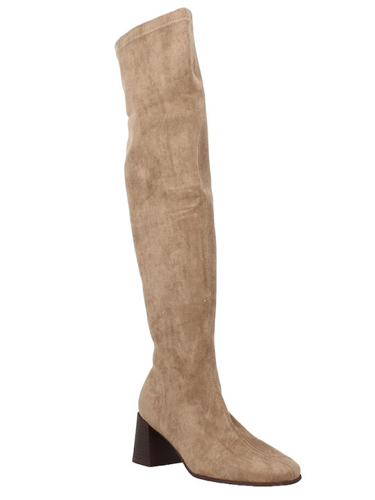 Suede Over the Knee Medium Heel Women's Boots with Zipper Camel