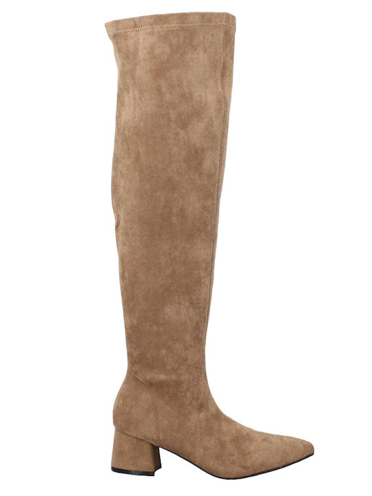 Suede Over the Knee Medium Heel Women's Boots with Zipper Camel