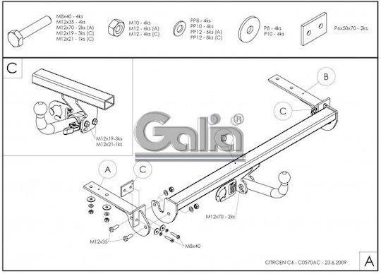 Galia Automatic Tow Hook Car Citroen C4 4 door 2008 Automatic Maximum Towing Weight 1500kg
