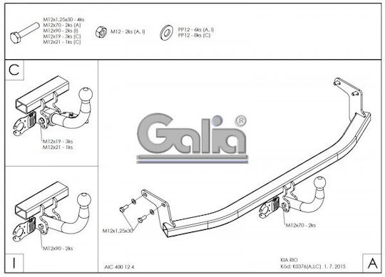 Galia Tow Hook Car Kia Rio 3-door 4-door 5-door 2011-2016 with bolts Maximum Towing Weight 1200kg with Screws