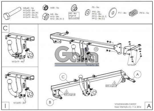 Galia Automatic Tow Hook Car Volkswagen Caddy 2004-2020 Automatic Maximum Towing Weight 1650kg