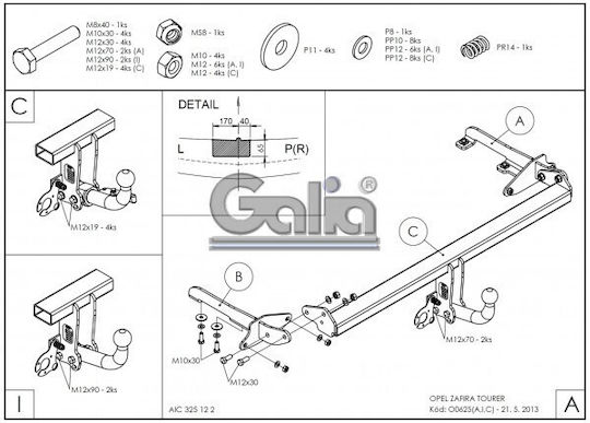 Galia Automatic Tow Hook Car Opel Zafira C 2011 Automatic Maximum Towing Weight 1700kg