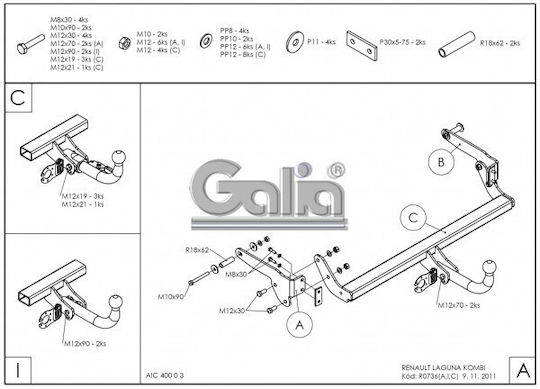 Galia Automatic Tow Hook Car Renault Laguna Kombi 2001 - 2007 Automatic Maximum Towing Weight 1550kg