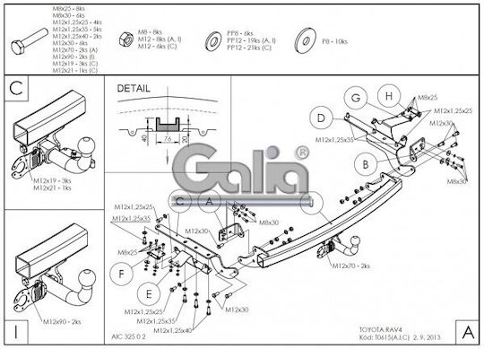 Galia Automatic Tow Hook Car Toyota RAV 4 Suv 2013 - 2018 Automatic Maximum Towing Weight 2000kg