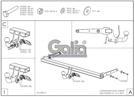 Galia Automatic Tow Hook Car Volkswagen Golf Kombi 2013 Automatic Maximum Towing Weight 2000kg