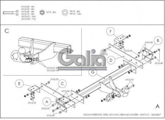 Galia Atașament de remorcare Car Renault Maestru Camionetă 1998 - 2010 cu șuruburi Tracțiune maximă 2300kg