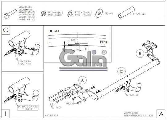 Galia Automatic Tow Hook Car Volvo XC 90 2003 - 2015 Automatic Maximum Towing Weight 2250kg