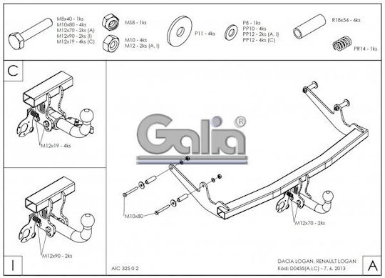 Galia Automatic Tow Hook Car Dacia Logan 4 door 2013 Automatic Maximum Towing Weight 1200kg