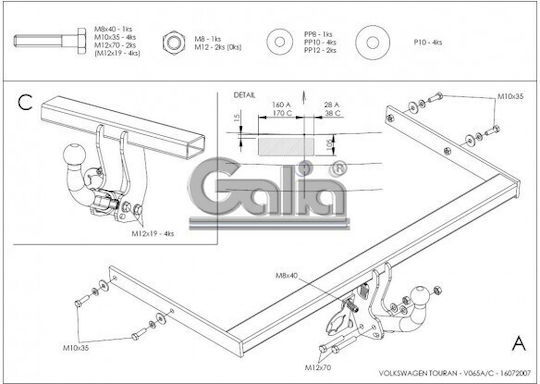 Galia Atașament de remorcare Car Volkswagen Turul Crossover 2002 - 2015 cu șuruburi Tracțiune maximă 1800kg