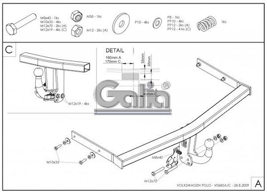 Galia Automatic Tow Hook Car Volkswagen Polo Hatchback Sedan 2009 - 2017 Automatic Maximum Towing Weight 1200kg