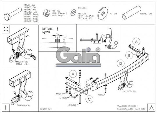 Galia Atașament de remorcare Car SsangYong Kyron 2005 cu șuruburi Tracțiune maximă 3500kg