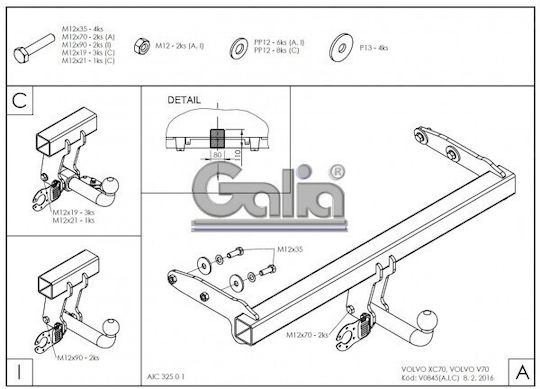Galia Automatic Tow Hook Car Volvo XC 70 2007 Automatic Maximum Towing Weight 2100kg