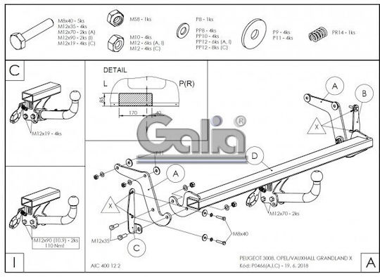 Galia Automatic Tow Hook Car Peugeot 3008 Suv 2016 Automatic Maximum Towing Weight 2000kg