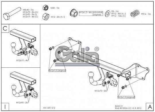 Galia Tow Hook Car BMW X1 Suv 2009 - 2015 with bolts Maximum Towing Weight 2000kg with Screws