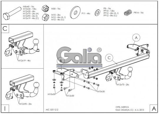 Galia Tow Hook Car Opel Meriva 2010 with Bolts Maximum Towing Weight 1500kg with Screws