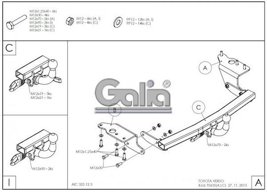 Galia Tow Hook Car Toyota Verso 2009 with Bolts Maximum Towing Weight 1500kg with Screws