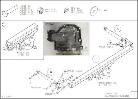 Galia Atașament de remorcare Car Toyota Yaris 05.2020 cu șuruburi Tracțiune maximă 1000kg