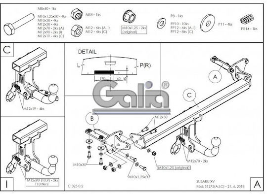 Galia Tow Hook Car Subaru XV Crossover 2011 - 2017 with bolts Maximum Towing Weight 1600kg with Screws