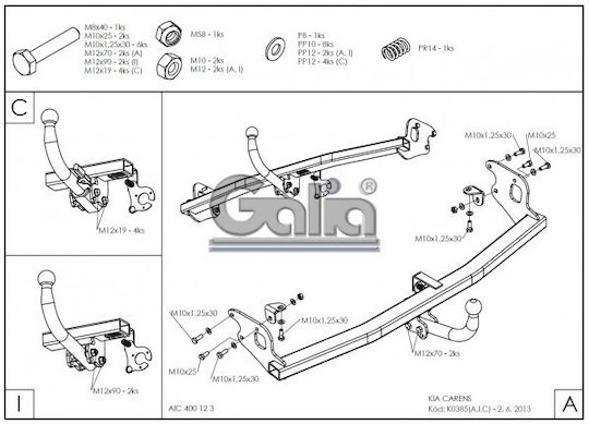 Galia Tow Hook Car Kia Carens 2013 with Bolts Maximum Towing Weight 1600kg with Screws
