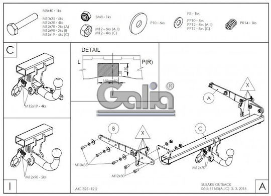 Galia Tow Hook Car Subaru Outback Crossover 2015 with Bolts Maximum Towing Weight 2100kg with Screws