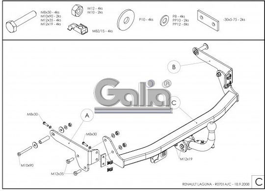 Galia Tow Hook Car Renault Laguna Hatchback 2001 - 2007 with Bolts Maximum Towing Weight 1500kg with Screws