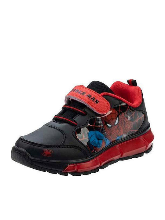 Spiderman Παιδικά Sneakers Ανατομικά με Σκρατς & Φωτάκια Μαύρα