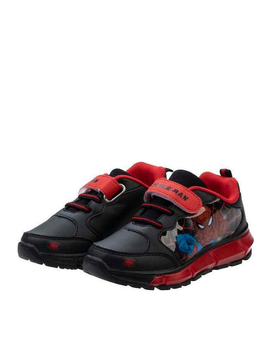 Spiderman Παιδικά Sneakers Ανατομικά με Σκρατς & Φωτάκια Μαύρα