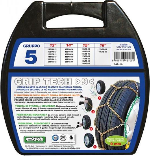 Cora Grip Tech 5 Αντιολισθητικές Αλυσίδες Πάχους 9mm Επιβατικού Αυτοκινήτου 2τμχ