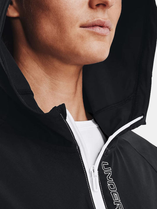 Women's Short Sports Jacket Windproof for Spring or Autumn with Hood Black/white