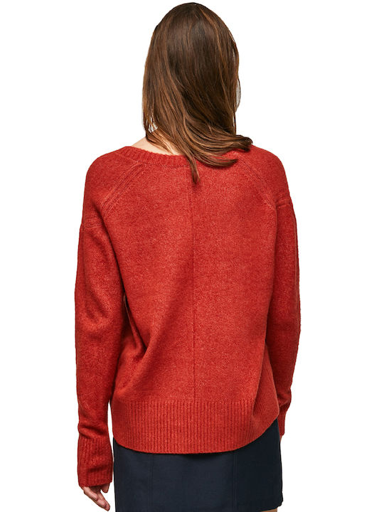 Pepe Jeans E1 Becca Women's Long Sleeve Sweater with V Neckline Brick