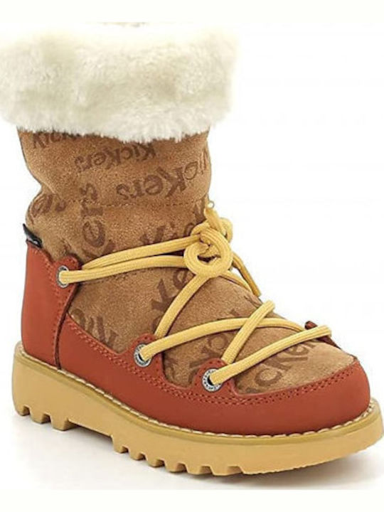 Leather Kids Snow Boots with Laces Tabac Brown