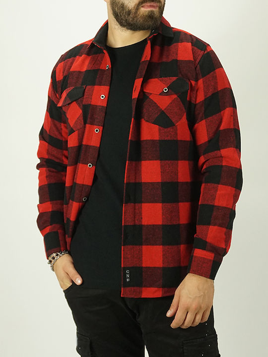 Long Sleeve Flannel Overshirt in Narrow Fit Checked Red