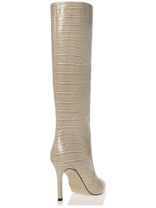 Leder Damenstiefel mit mittlerem Absatz Beige Croco