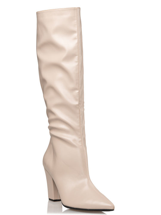 Envie Shoes Leather High Heel Women's Boots with Zipper Beige