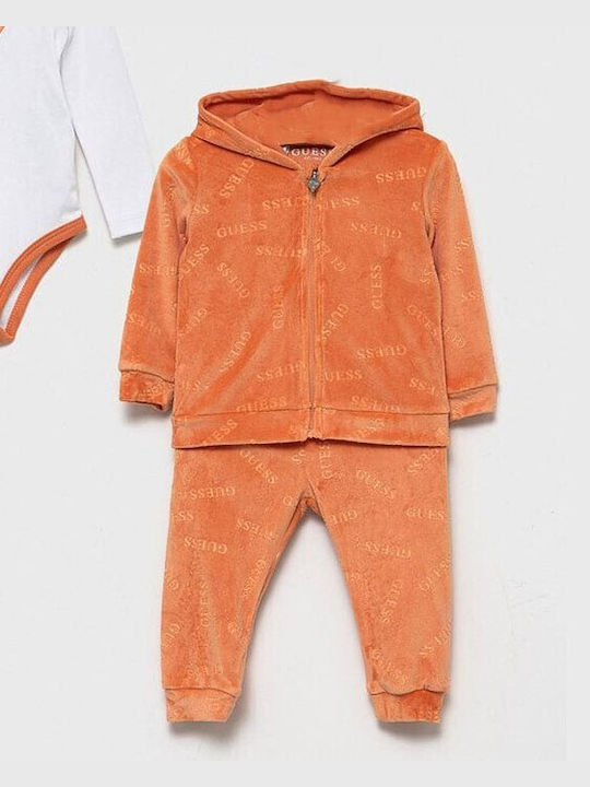 Guess Baby Bodysuit Set Long-Sleeved Velvet with Pants Orange